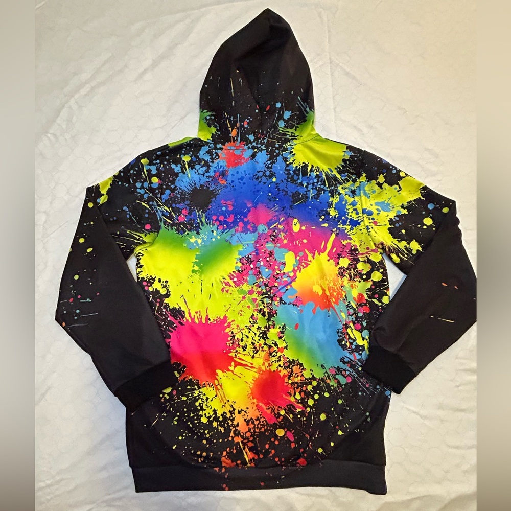 Black hoodie with multi-color splat lightweight.